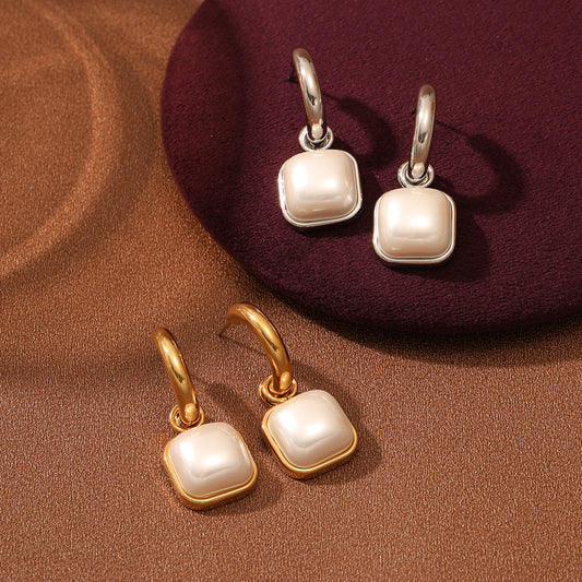 Vintage French Style Square Pearl Titanium Steel Stud Earrings for Women with Plated Finish