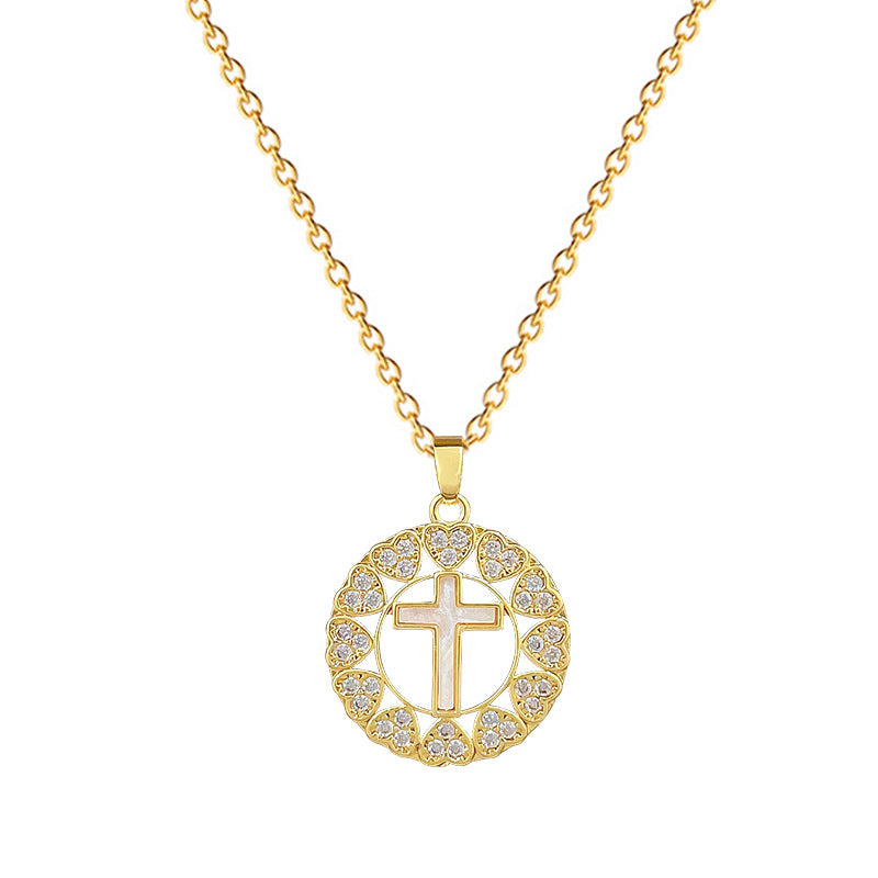 Sweet Cartoon Heart Cross Geometric Rhinestone Brass Pendant Titanium Steel Necklace for Unisex