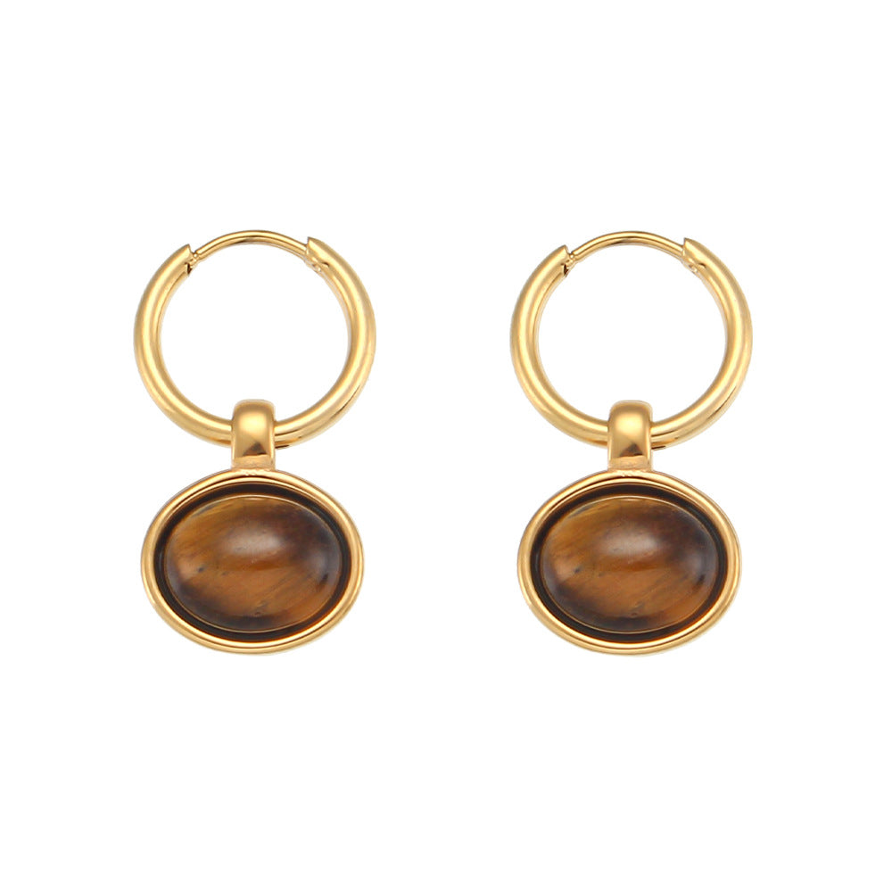Vintage-Inspired Geometric Stainless Steel Earrings with 18K Gold Plating and Natural Sunstone Cat's Eye Accents for Women