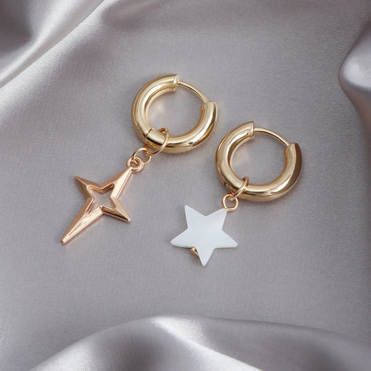Pendientes de metal electrochapado asimétricos en forma de estrella con incrustaciones de nácar para mujer, joyería geométrica de moda para las orejas