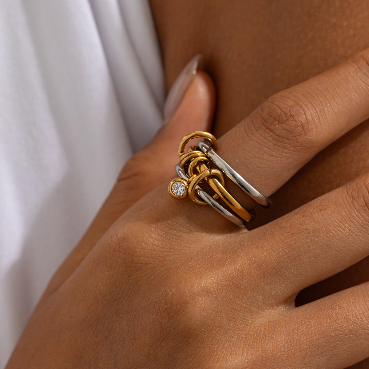 Minimalist Round Stainless Steel Ring with Cubic Zirconia Inlay PVD Plated Women's Jewelry