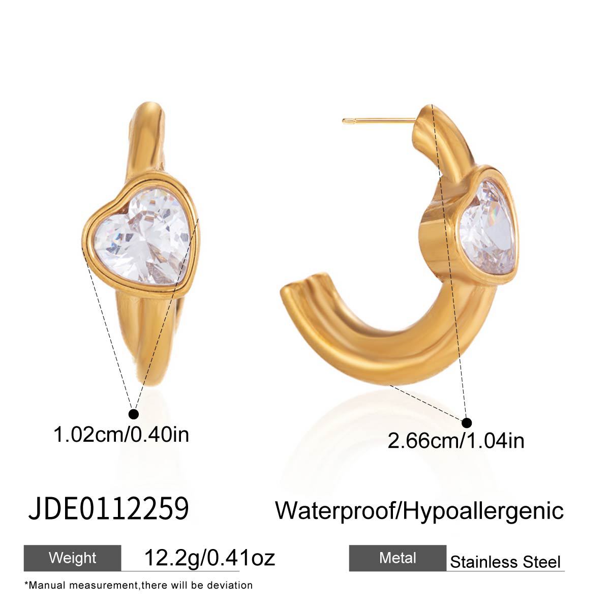 Minimalist Elegant Heart Geometric Stainless Steel PVD Cubic Zirconia Earrings for Women