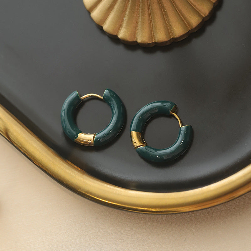 Pendientes de aro en forma de U de acero titanio esmaltado retro francés elegante para mujer en azul esmeralda y burdeos
