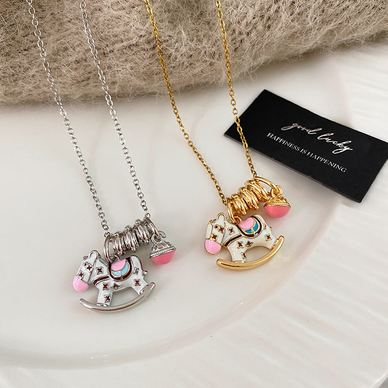 Casual Drip Oil Plated Titanium Steel Animal Carousel Necklace for Unisex