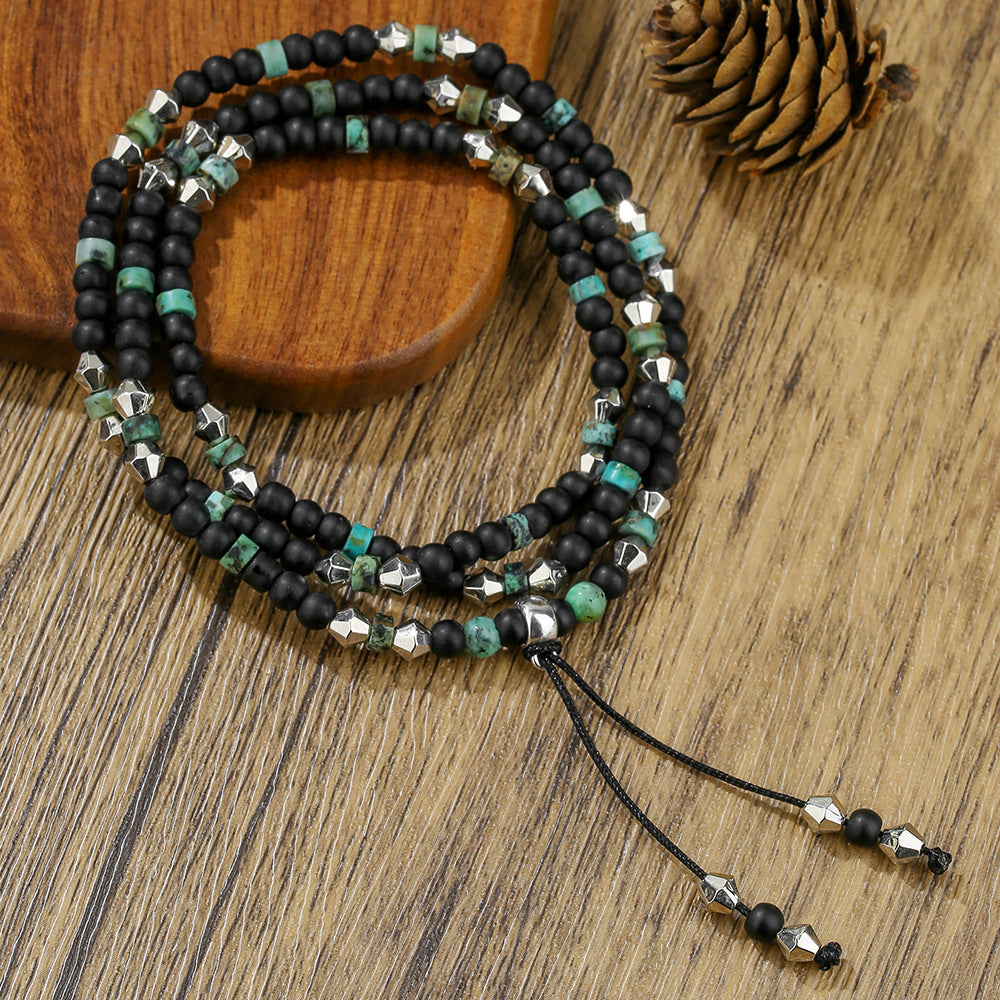 Vintage Hip-hop Geometric Matte Black Turquoise Round Beaded Multi-layer Stretch Bracelet