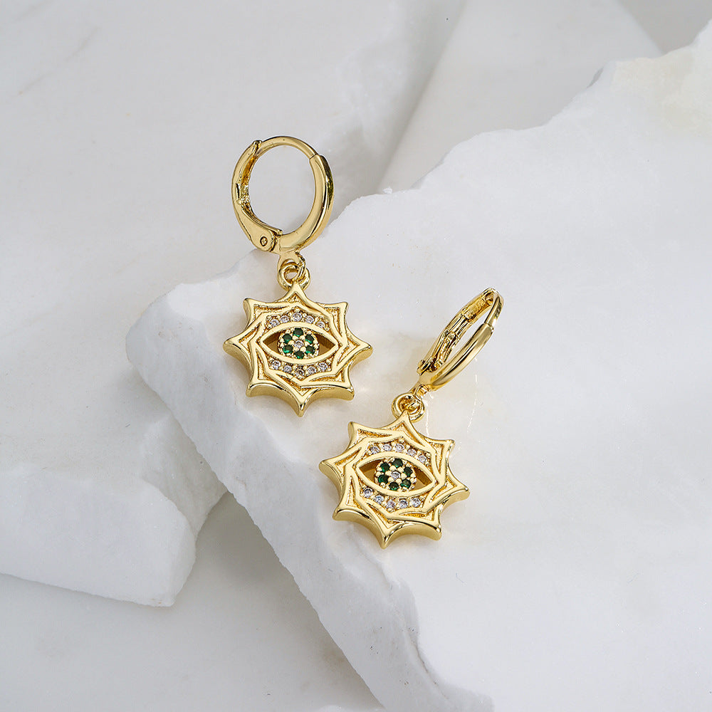 Vintage Geometric Copper Earrings with 18K Gold Plating and Zircon Evil Eye Design for Women