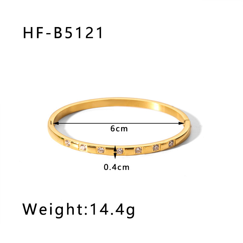 Vintage-Inspired Titanium Steel Cuff Bracelet with Zircon Inlay, Asymmetrical Design, Vacuum-Plated 18K Gold Finish for Women