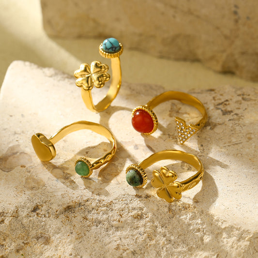 Fashionable Heart-Shaped Turquoise Natural Stone Stainless Steel Open Ring with Plating Finish for Women