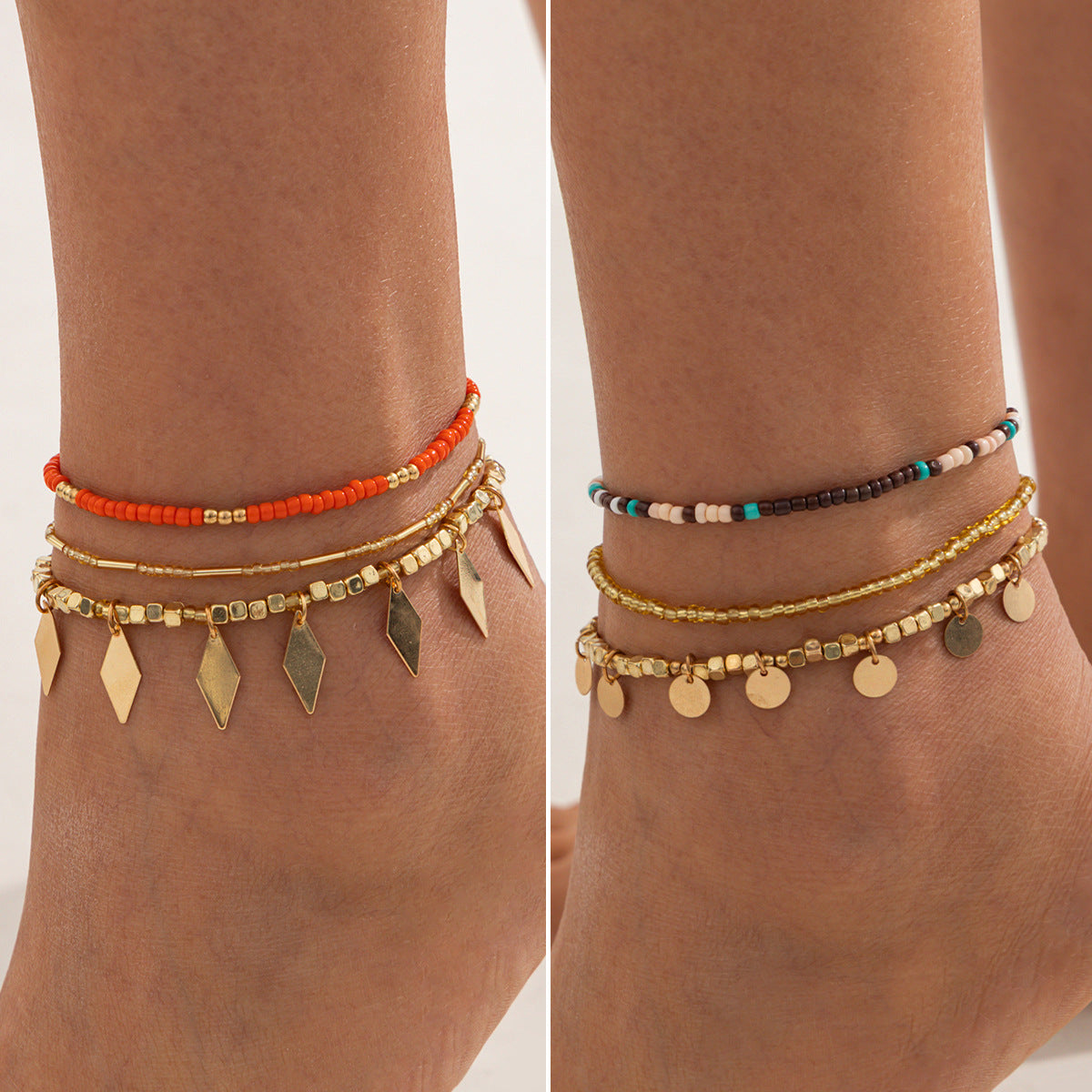 Bohemian Ethnic Geometric Glass Acrylic Beaded Tassel Anklet for Women