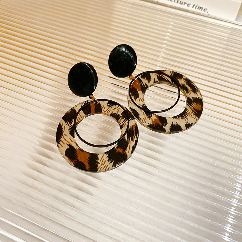 Vintage-Style Geometric Round Hoop Earrings for Women with Alloy Base Plated in Silver Tone Enamel Leopard Print and Rhinestone Inlay