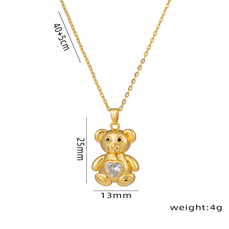 Collana pendente con orsetto carino minimalista da donna in acciaio al titanio con intarsio di strass su catena a O