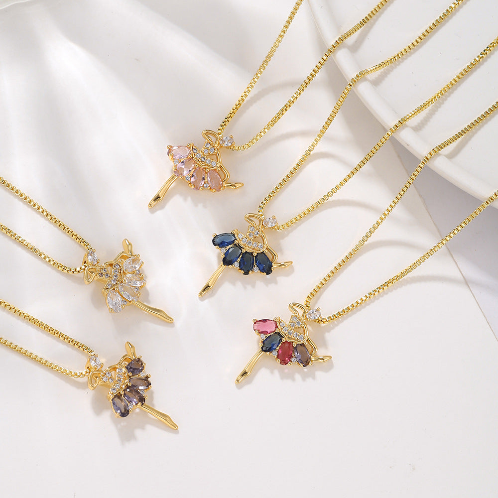 Sweet Geometric Brass Plated Cubic Zirconia Necklace with Box Chain for Women