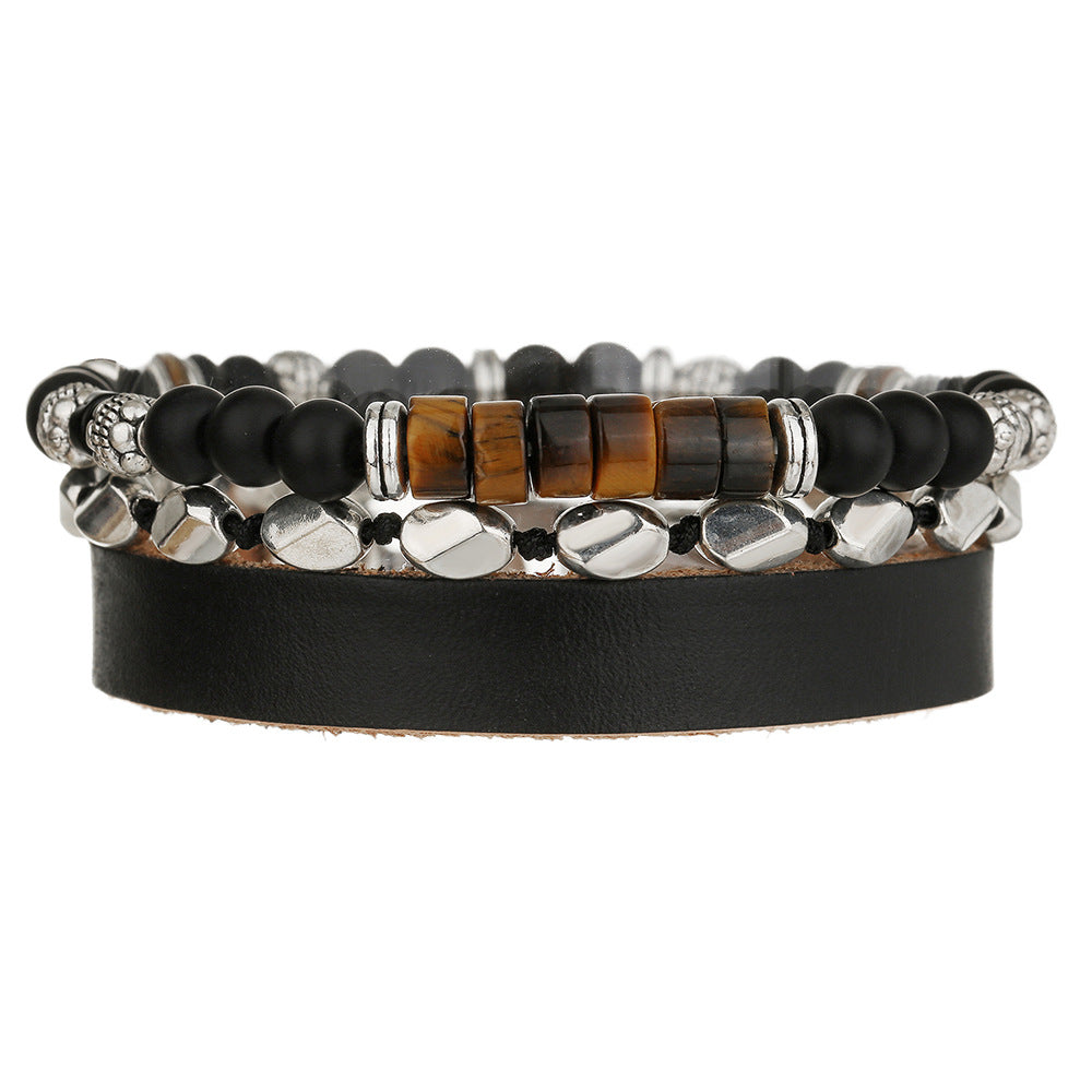 Hip-hop Men's Matte Leather Bracelet with Round Tiger's Eye and Agate Beads