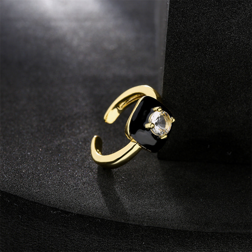 Gold Plated Brass Square Ring with Cubic Zirconia Inlay and Drip Oil Detail for Women