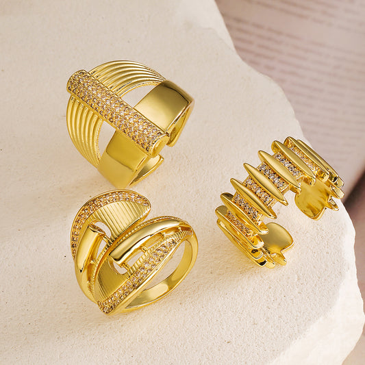 Minimalist Geometric Open Ring in Copper with 18K Gold Plating and Zircon Inlay for Women