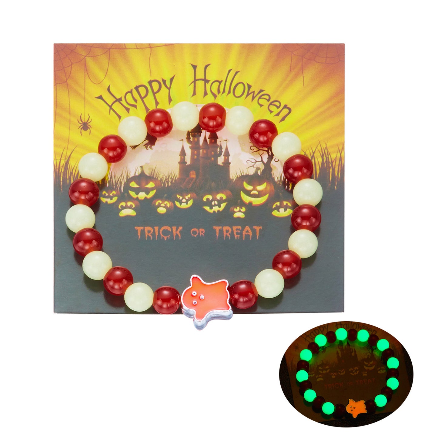 Pulsera de aleación con cuentas de calabaza y fantasma que brillan en la oscuridad para Halloween, con estilo lindo y atrevido para hombres y mujeres