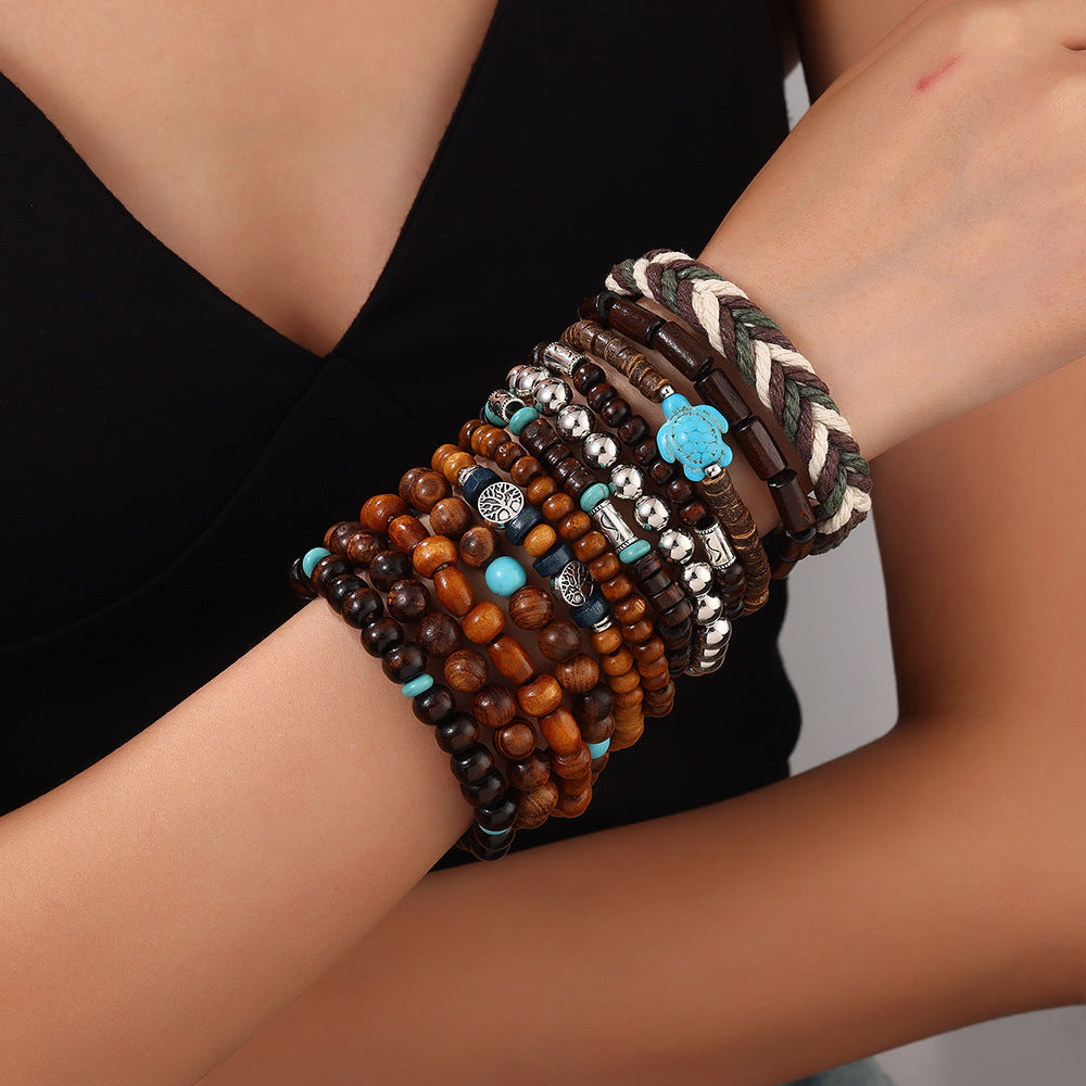 Bohemian Ethnic Geometric Wood Turquoise Beaded Adjustable Bracelet
