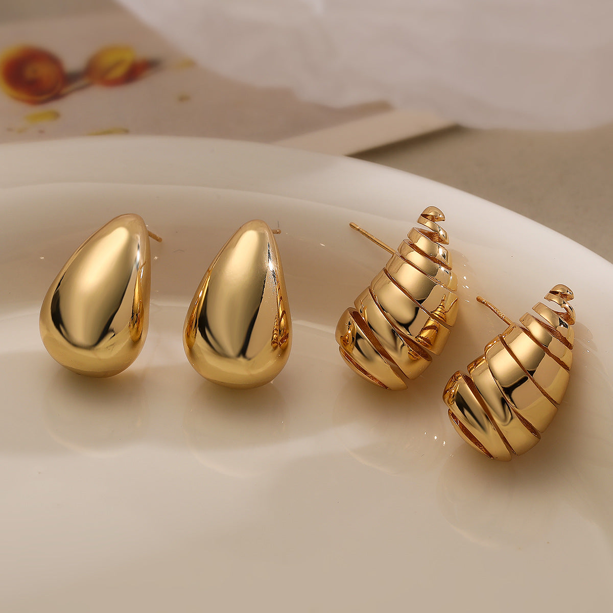 Minimalist Teardrop-Shaped Copper Earrings with Real Gold Plating for Women, Irregular Geometric Design