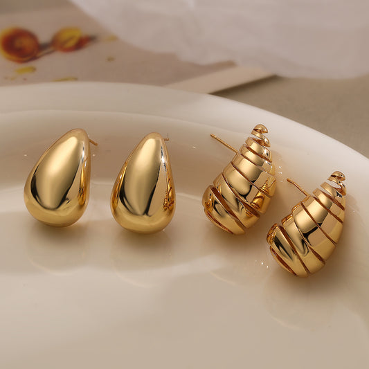 Minimalist Teardrop-Shaped Copper Earrings with Real Gold Plating for Women, Irregular Geometric Design