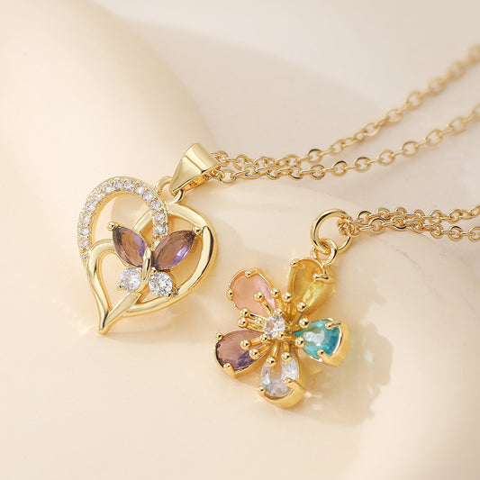 Minimalist Gold Plated Brass Heart Flower Cubic Zirconia Pendant Necklace for Women