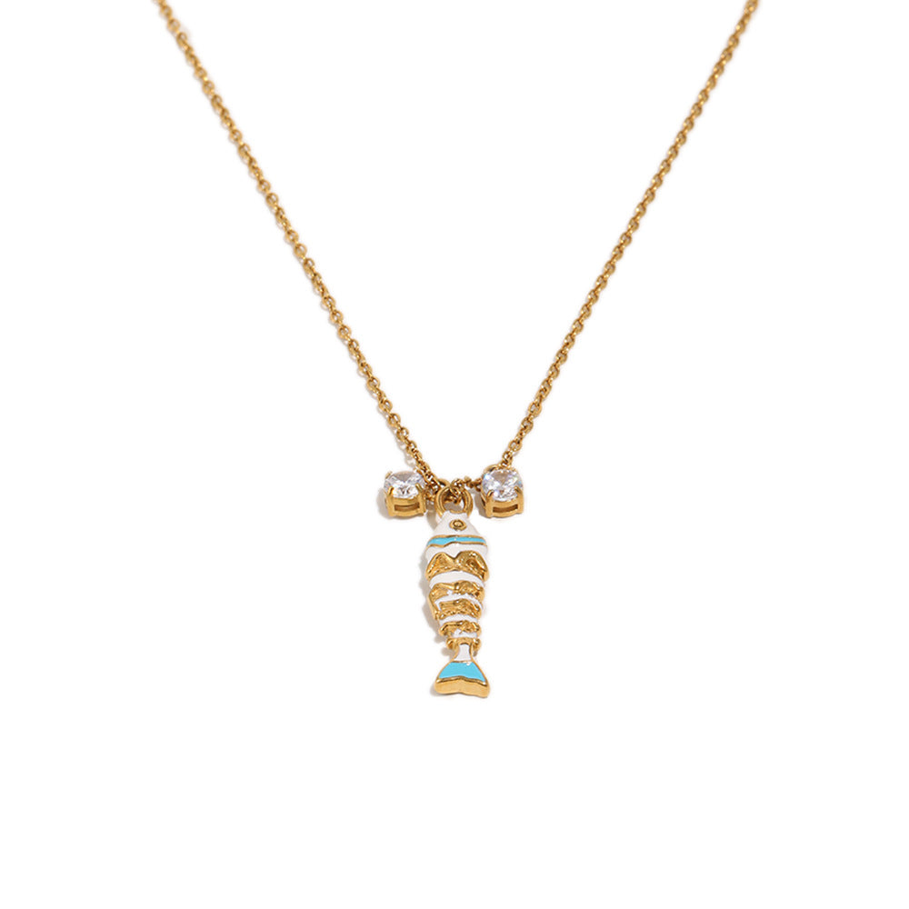 Elegant 18K Gold Plated Stainless Steel Drip Oil Animal Pendant Necklace with Cubic Zirconia for Women