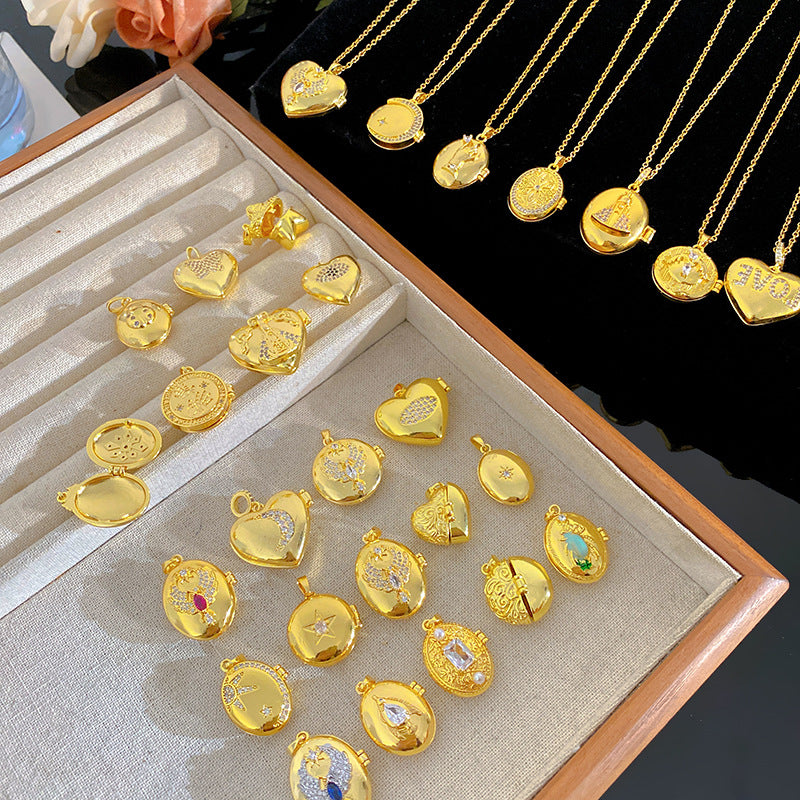 Vintage Micro-Paved Cubic Zirconia Crown Heart Star Geometric Brass Pendant Titanium Steel Box Chain Necklace for Unisex