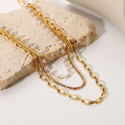 Trendy 18K Gold Plated Stainless Steel Triple Layer Necklace with Small Pearl Bamboo Chain for Women