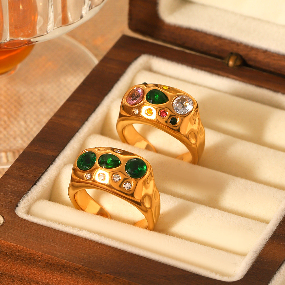 Ins Style Irregular Hammered Textured Stainless Steel Ring with Zircon Inlay for Women