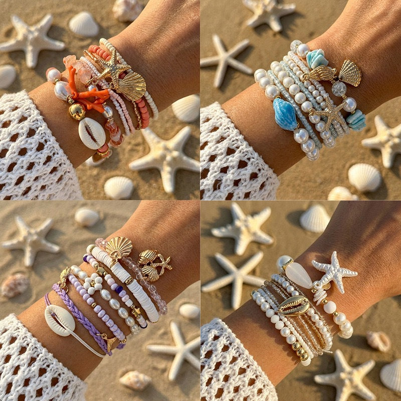 Bohemian Star Alloy Bracelet with Pearl and Shell Elements for Women