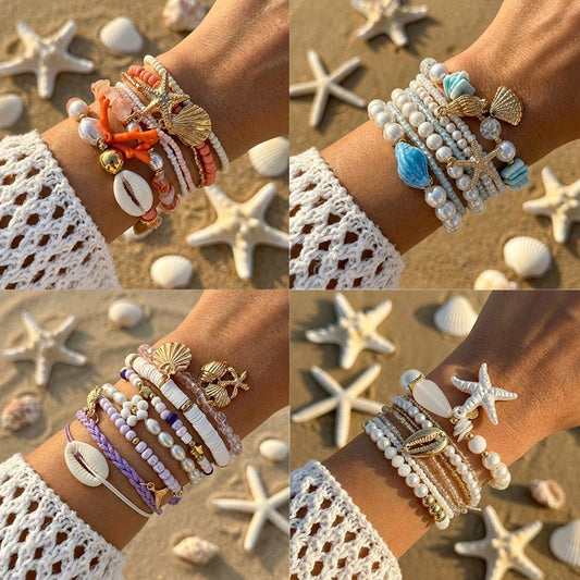 Pulsera de aleación Estrella Bohemio con Perlas y Conchas Marinas para Mujer