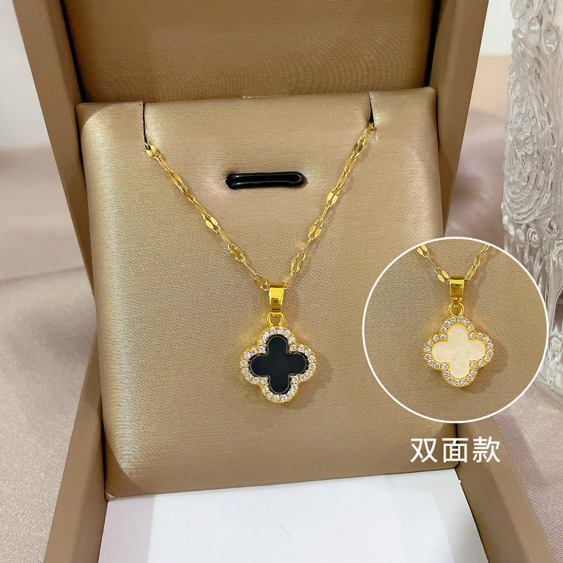 Minimalist Geometric Titanium Steel Necklace with Gold Plated Brass Pendant and Rhinestone Inlay
