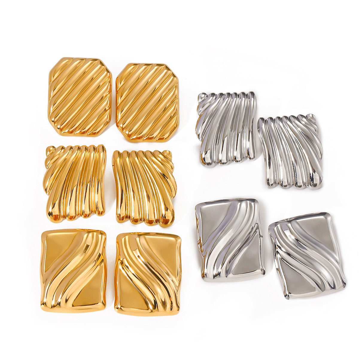 Fashionable Geometric Stainless Steel Stud Earrings with Wavy Texture and Plated Finish for Women