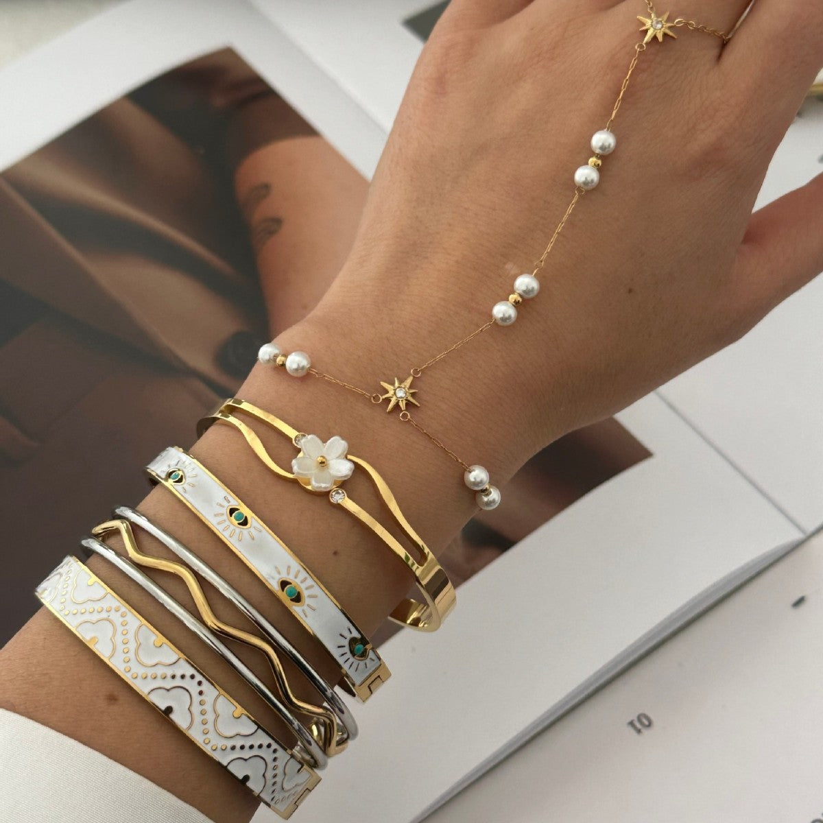 Elegante Bracciale a Maglie con Perle e Stella in Acciaio Inossidabile Placcato da Donna