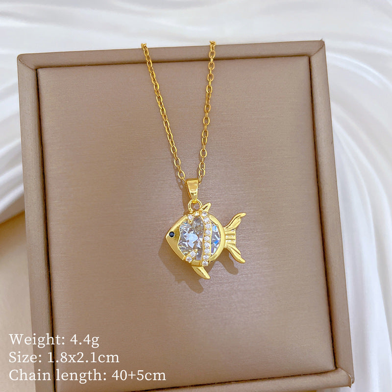 Sweet Minimalist Geometric Animal Cubic Zirconia Titanium Steel Necklace for Unisex