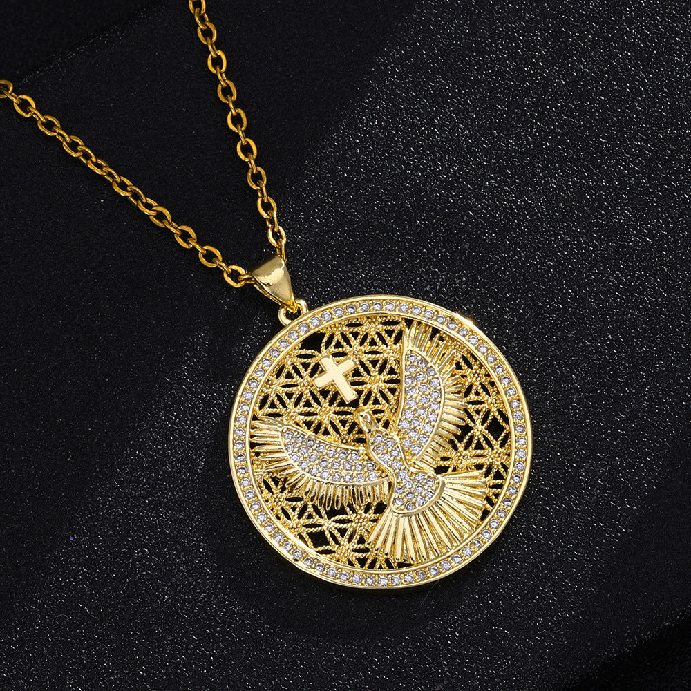 Collana con Ciondolo a Croce Etnica Vintage Aquila Guardiana Placcata Oro 18K Rame con Zirconia Cubica e Catenina a O Unisex