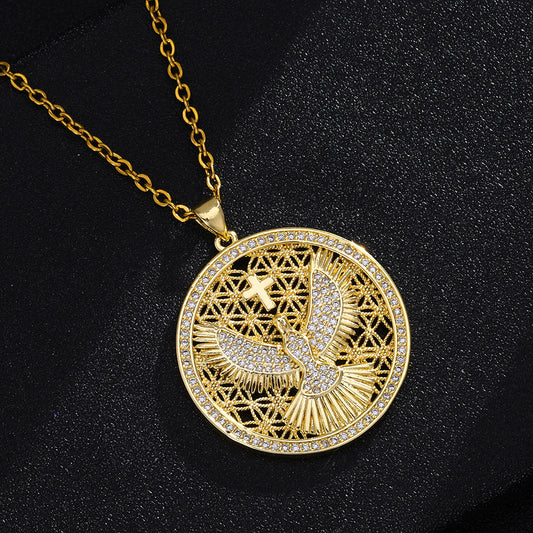Collana con Ciondolo a Croce Etnica Vintage Aquila Guardiana Placcata Oro 18K Rame con Zirconia Cubica e Catenina a O Unisex