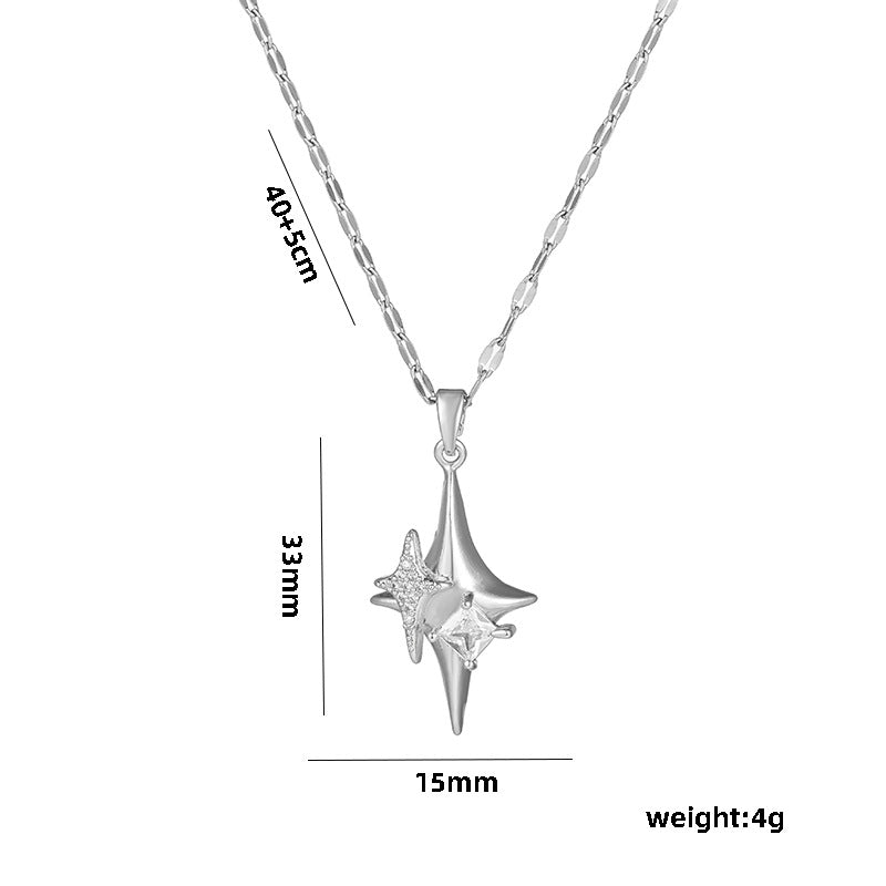 Minimalist Geometric Four-Pointed Star Cross Pendant Necklace for Women Titanium Steel Plated with Rhinestones
