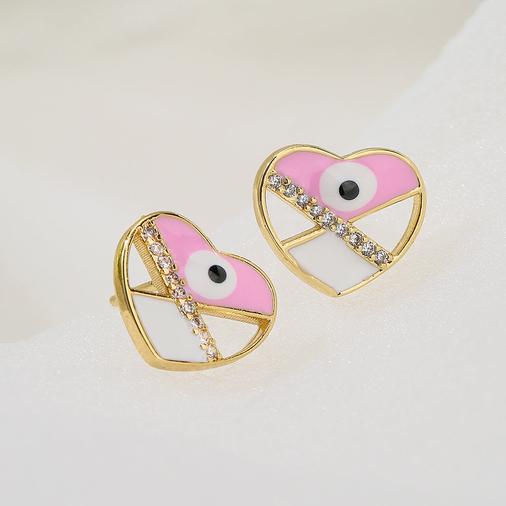 Geometric Eye-Shaped Enamel Zirconia Earrings for Women in Copper with 18K Gold Plating