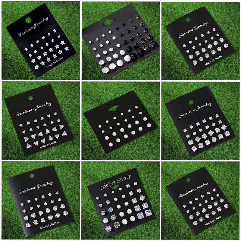 Set di 12 paia di orecchini casual con perle, zirconi cubici, cuore, forme geometriche, rotonde, triangolari e quadrate in acciaio inossidabile