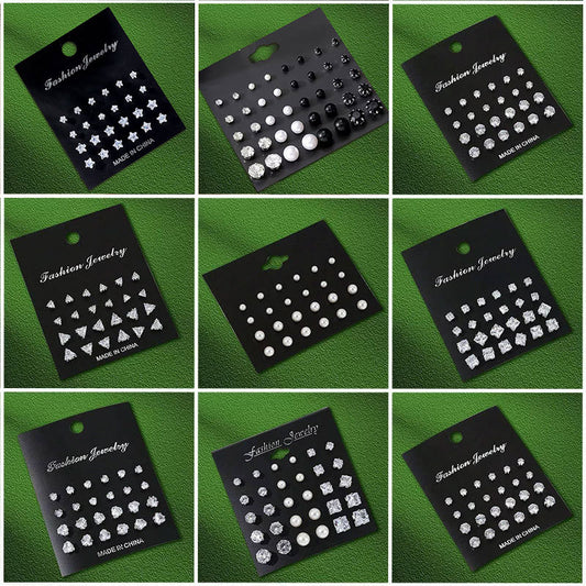 Set di 12 paia di orecchini casual con perle, zirconi cubici, cuore, forme geometriche, rotonde, triangolari e quadrate in acciaio inossidabile