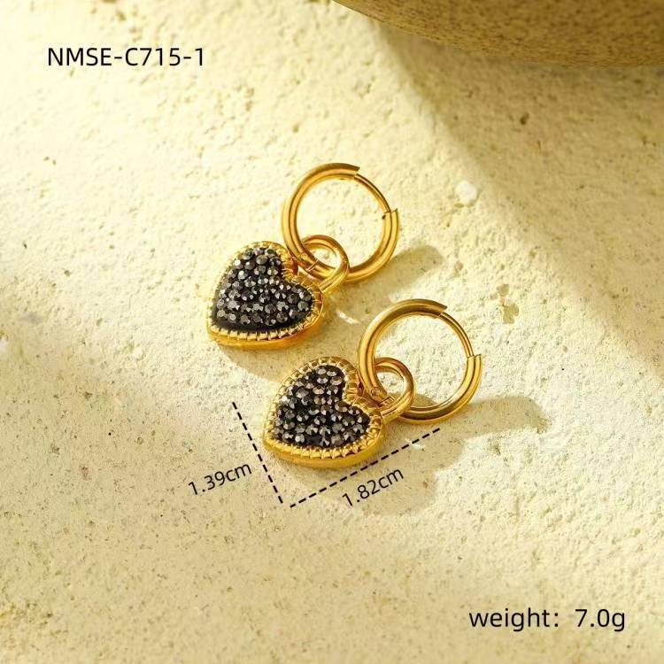 Fashionable Heart-Shaped Titanium Steel Earrings with Rhinestone Inlay, Electroplated for Fade-Resistant Minimalist and Office-Ready Style