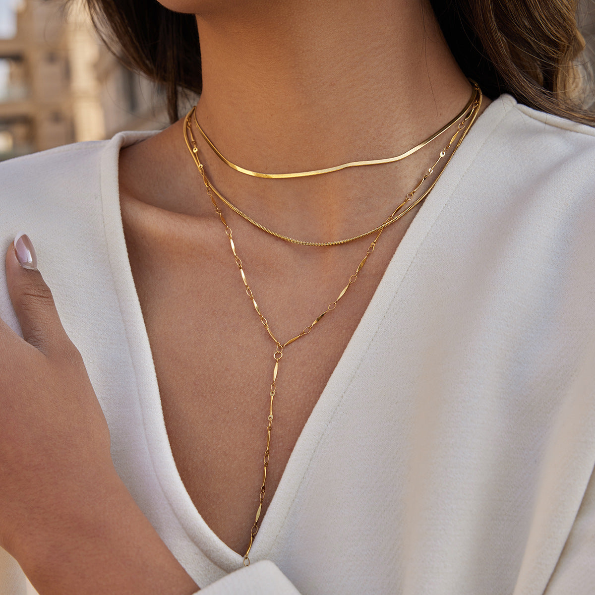 Geometric Stainless Steel PVD Plated Layered Necklace for Women