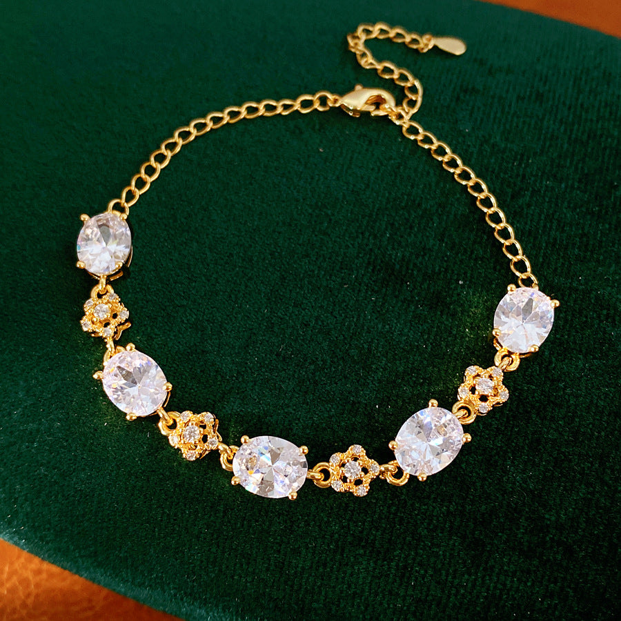 Luxury Elegant Oval Floral Brass Bracelet with 18K Gold Plating and Cubic Zirconia Inlay