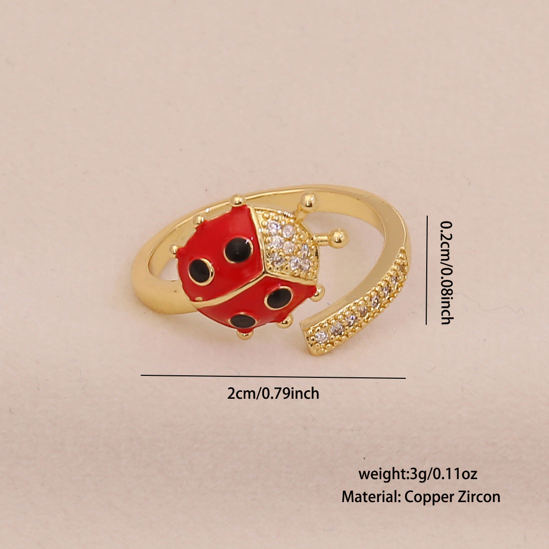 Cute Ladybug Ring in Copper with Enamel Finish for Women, Insect-Shaped Vintage-Inspired Jewelry