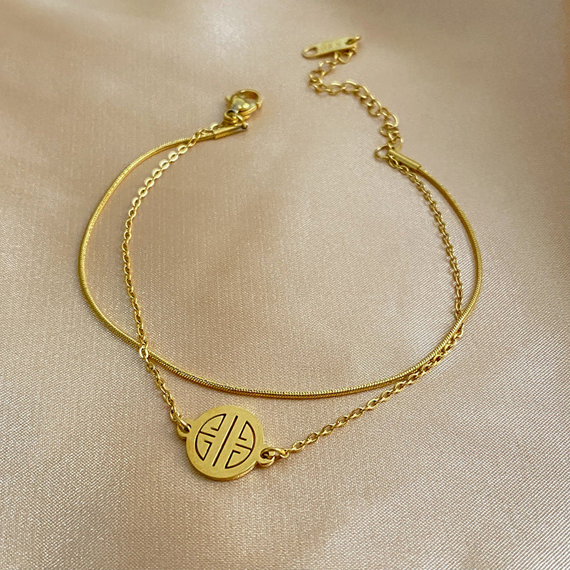 Gold Plated Titanium Steel Fu Character Double Layer Bracelet