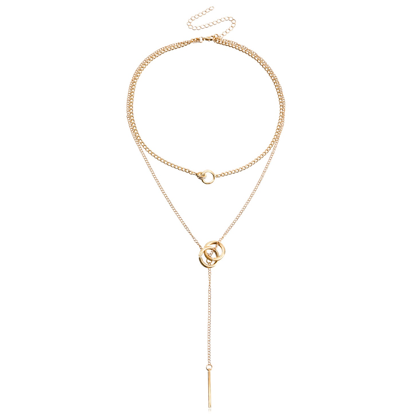 Fashionable Geometric Pendant Necklace for Women with Double Circle Locket Design, Tassel Drop, Electroplated Alloy Chain, Sweater Chain Style
