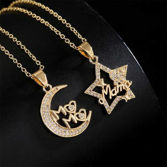 Geometric Star and Moon MAMA Pendant Necklace for Women in Copper with 18K Gold Plating and Zircon Inlay