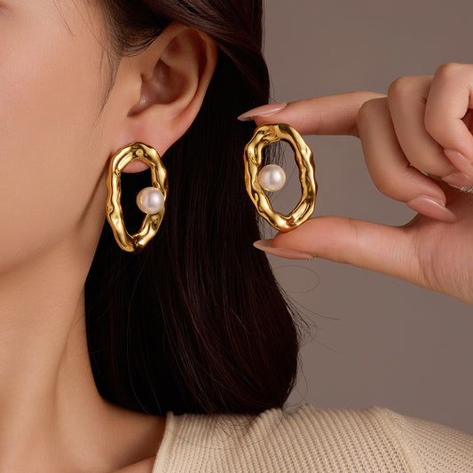 Pendientes de Tachuela de Acero Inoxidable con Diseño Geométrico Plegado y Hueco, Incrustaciones de Perlas, para Mujer