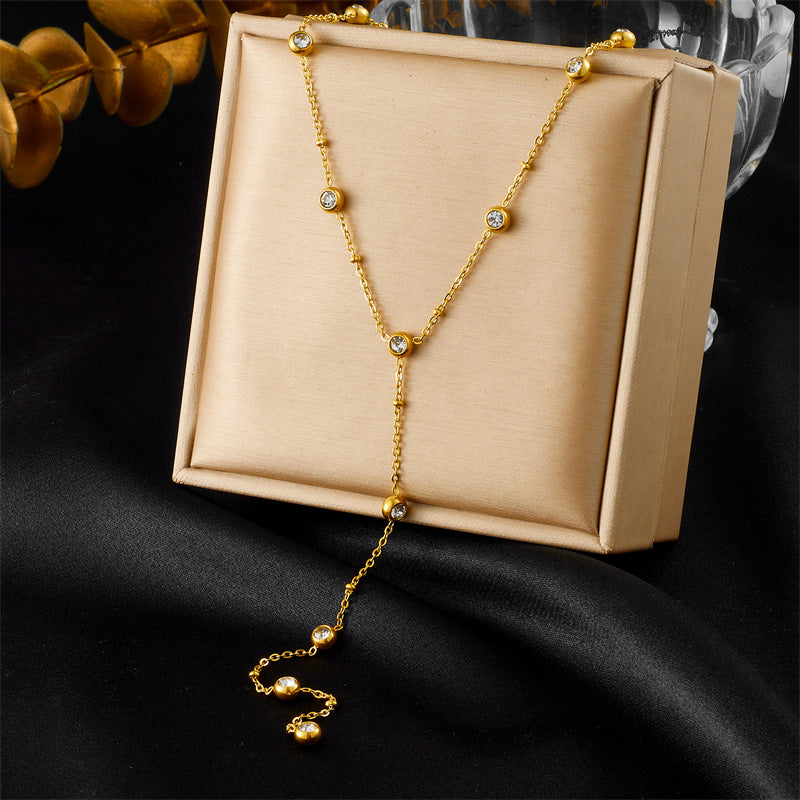 Minimalist Round Rhinestone Inlay Stainless Steel Y-Shape Tassel Necklace for Women