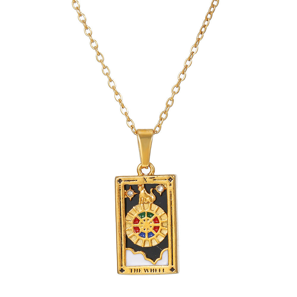 Vintage Casual Rectangle Drip Oil Cubic Zirconia Stainless Steel Necklace with Geometric Tarot Pendant Cable Chain Unisex